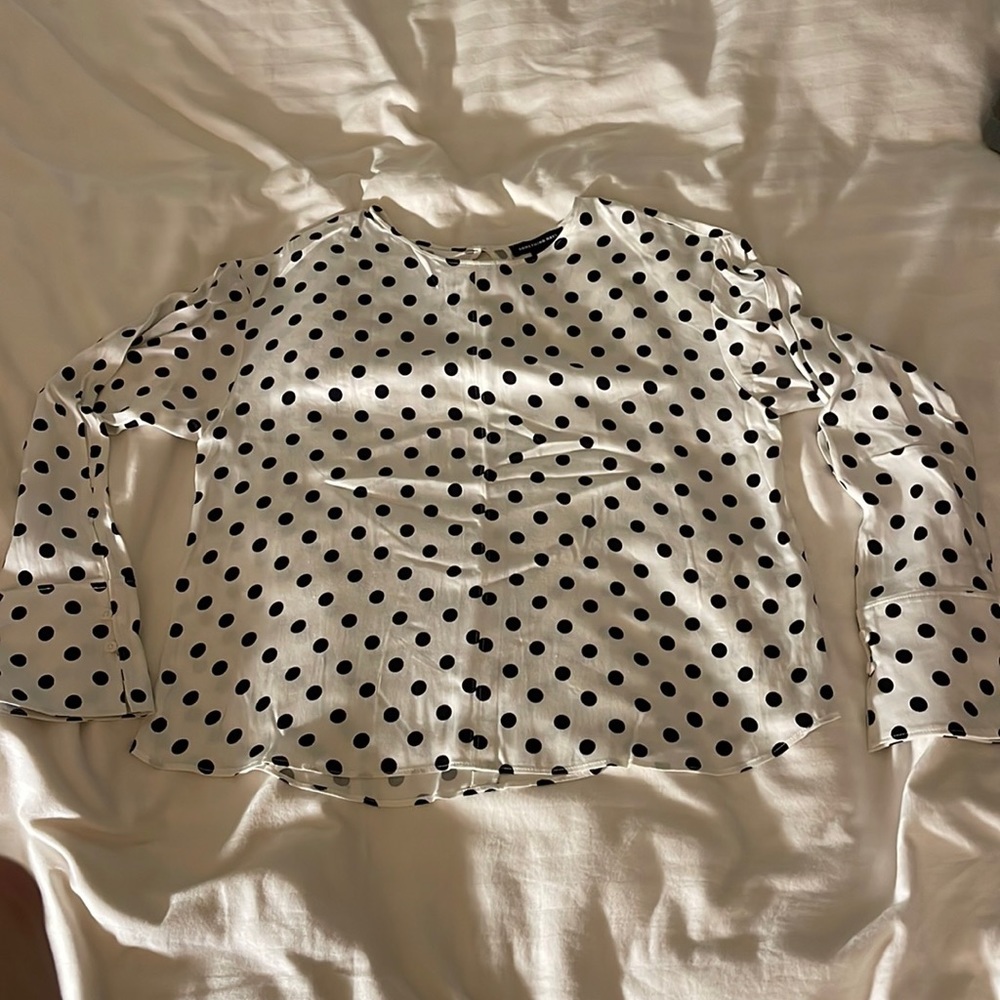 Something navy, rayon, cream and black polkadot blouse, M